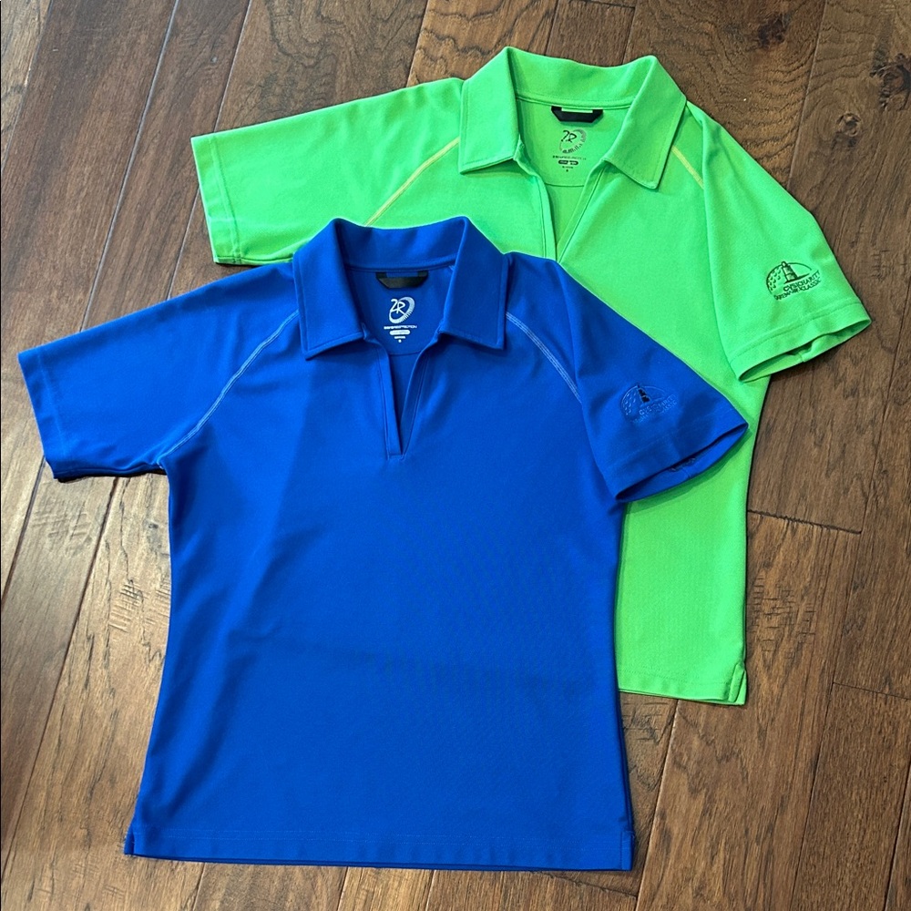 Golf Polo TWO Blue and Lime Green Zero Restriction CVS Charity Classic LIKE NEW